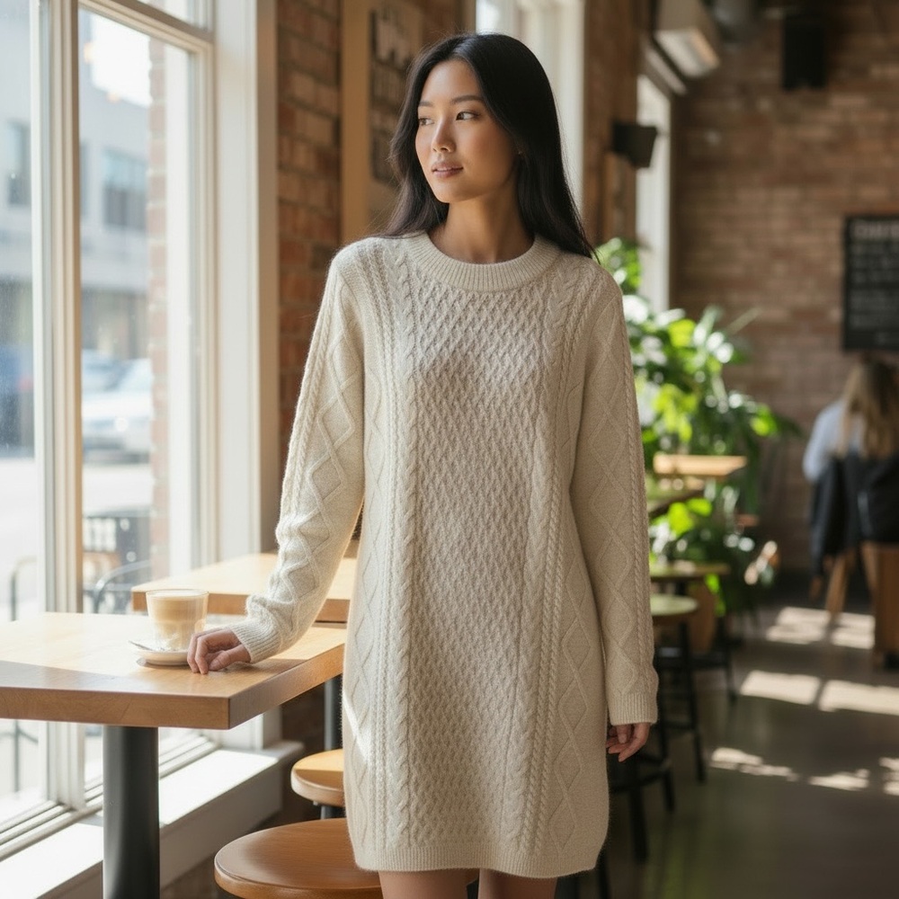 H&M Soft Knit Sweater Dress in Cream